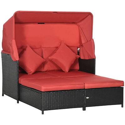 Double Lounge Daybed W/ Awning & Cushions Sun Lounger, Red