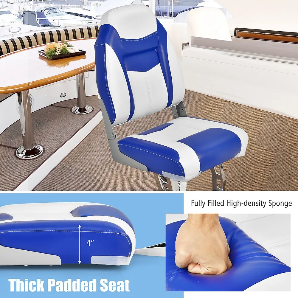 Costway High Back Folding Boat Seats W/ Blue White Sponge Cushion