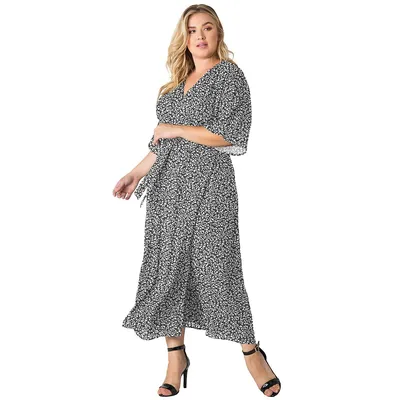 Plus Modern Women's Smoke Leopard Print Kimono Wrap Maxi Dress