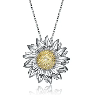Sterling Silver White Gold Plating With Cubic Zirconia Sunflower Shape Pendant Necklace
