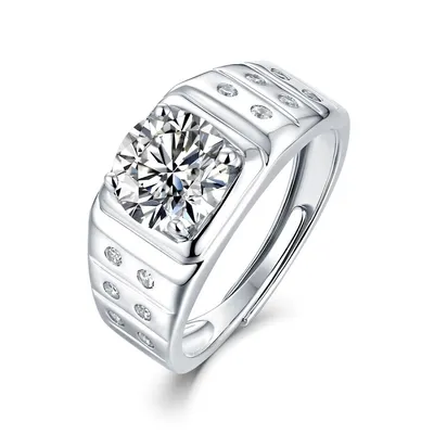 Sterling Silver with 1.25ctw Lab Created Moissanite Solitaire & Bezel Sides Engagement Anniversary Adjustable Ring