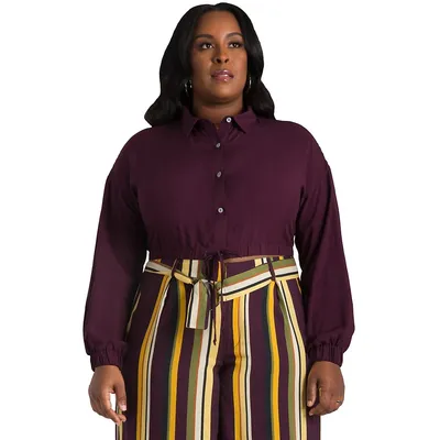 Plus Curvy Solid Rayon Challis Cropped Button Down Tie Front Shirt