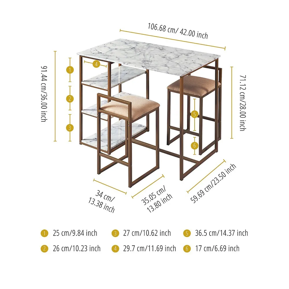 Teamson Home Breakfast Table Dining Set With Stools Faux Marble Top Brass Marmo