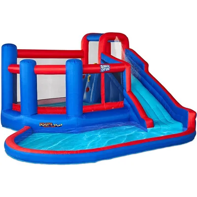 Big Time Bounce-a-round Inflatable Water Slide Park – Heavy-duty For Outdoor Fun - Climbing Wall, With Included Air Pump & Carrying Case