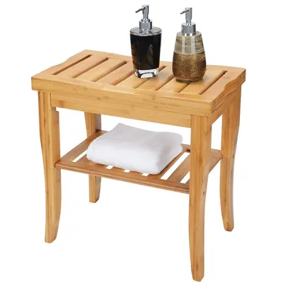 Bamboo Bathroom Shower Bench With Storage Shelf Spa Bath Seat Vanity Stool Chair