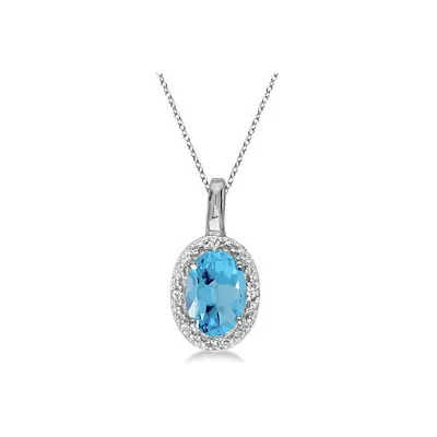 Oval Blue Topaz And Diamond Pendant Necklace 14k White Gold (0.59ctw)
