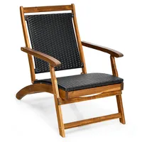Patio Folding Rattan Lounge Chair Wooden Frame W/ Retractable Footrest
