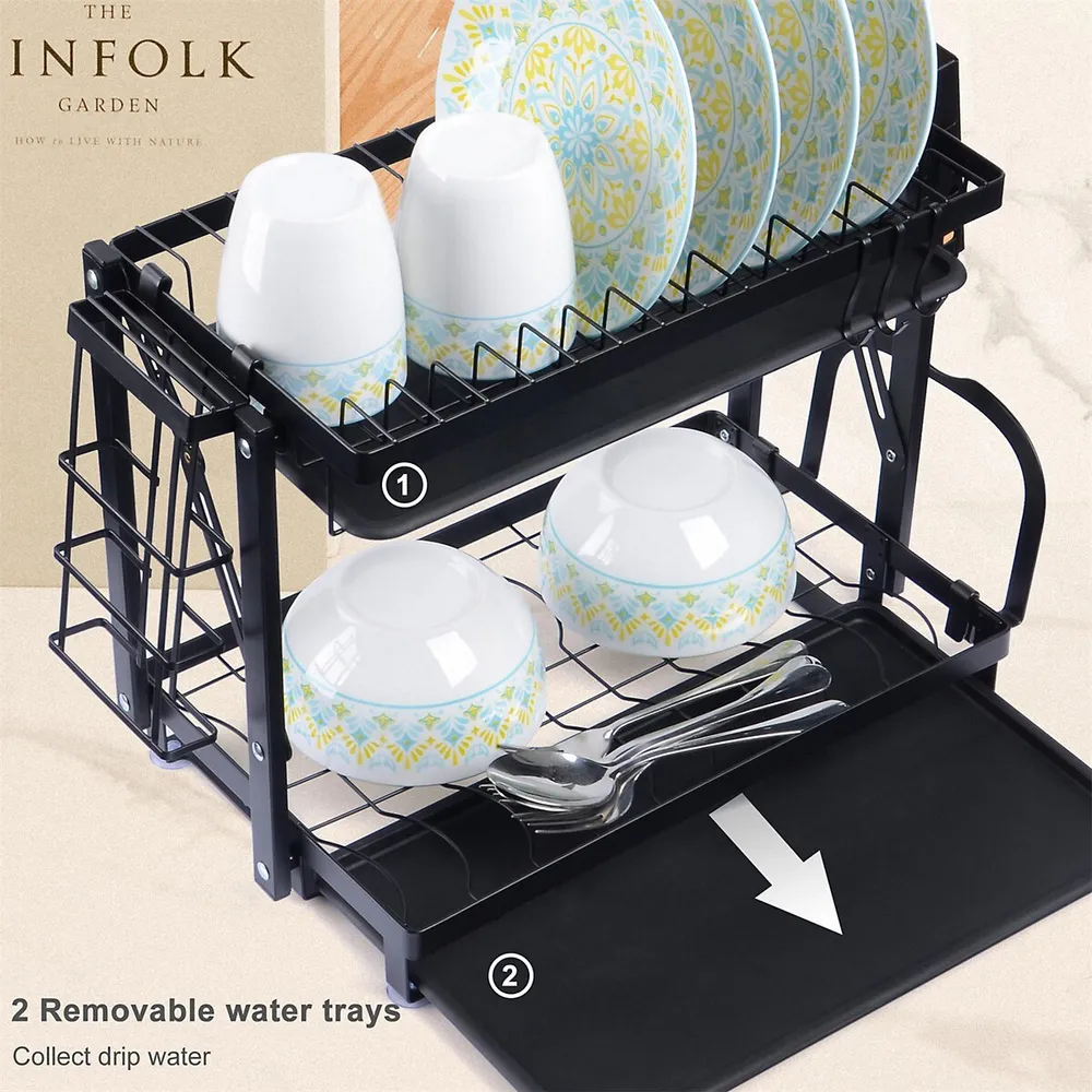 Costway Dish Drying Rack Collapsible 2 Tier Dish Rack and Drainboard Set  Kitchen Counter