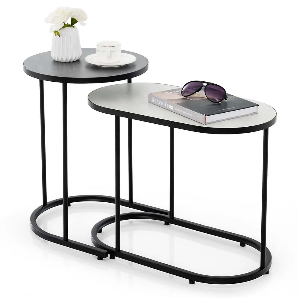 2-in-1 Design Faux Marble Top Tea Table Nesting Coffee Table Set Of 2