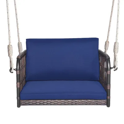 Porch Swing Chair Rattan Woven Hanging Bench Seat With Cushions Hooks Balcony Navy