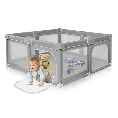 Baby Playpen Safety Activity Center Play Yard With Door Breathable Mesh，59''x59''x26.8''