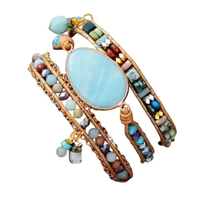 Leather Natural Stone Beaded Wrap Bracelet With Turquoise Amazonite