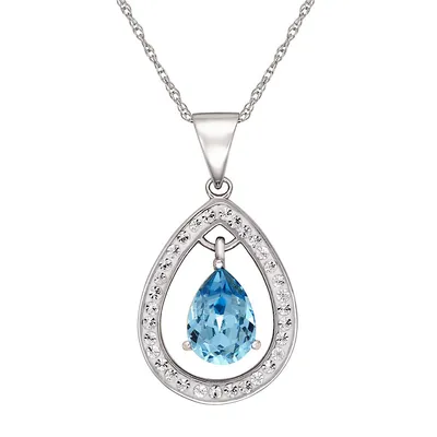 Sterling Silver 18" Aqua Cz In Tear Drop Frame With Crystals Necklace