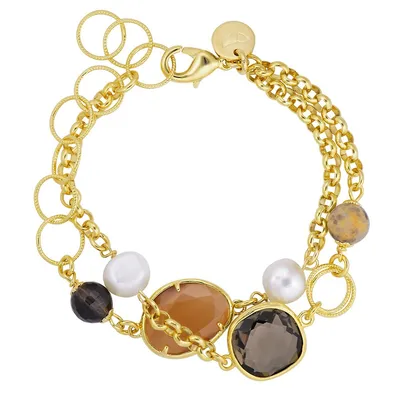 18kt Gold Plated 8.25" Quartz, Pearls, And Crystal Stones In Bracelet