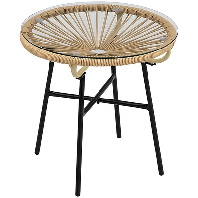 Rattan Side Table W/ Pe Rattan And Tempered Glass Top