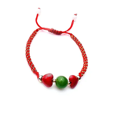 Adjustable Hand-woven Bracelet With Natural Jade And Two Cinnabar Hearts