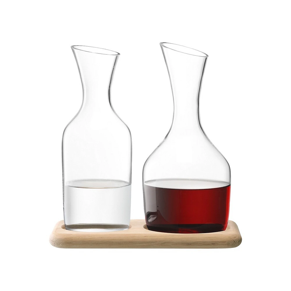 Ensemble de deux carafes avec base en chêne