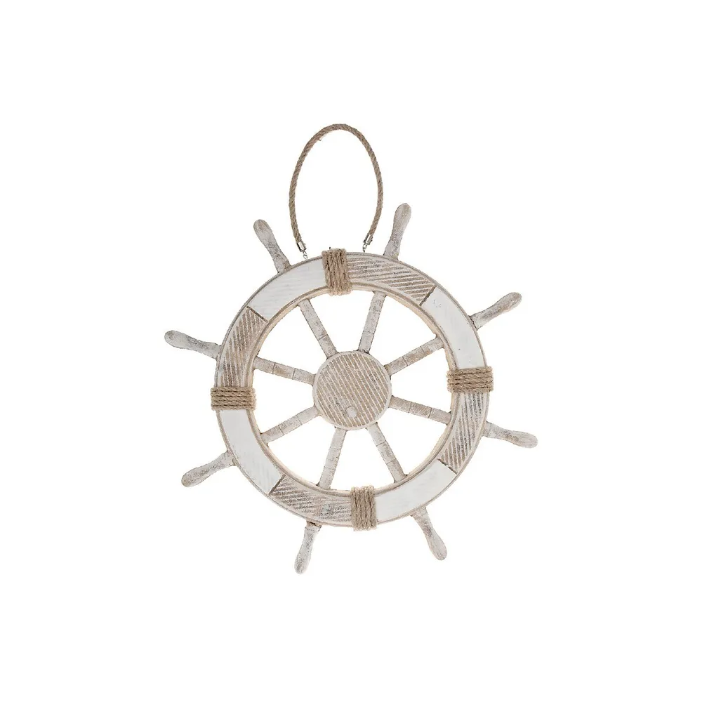 Maison Concepts Natural Wood Hanging Ship Wheel With Rope Decor