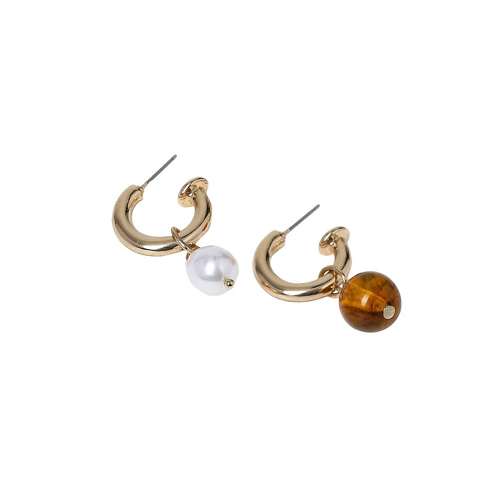 Goldtone, Bead & Faux-Pearl Charm Asymmetrical Earrings