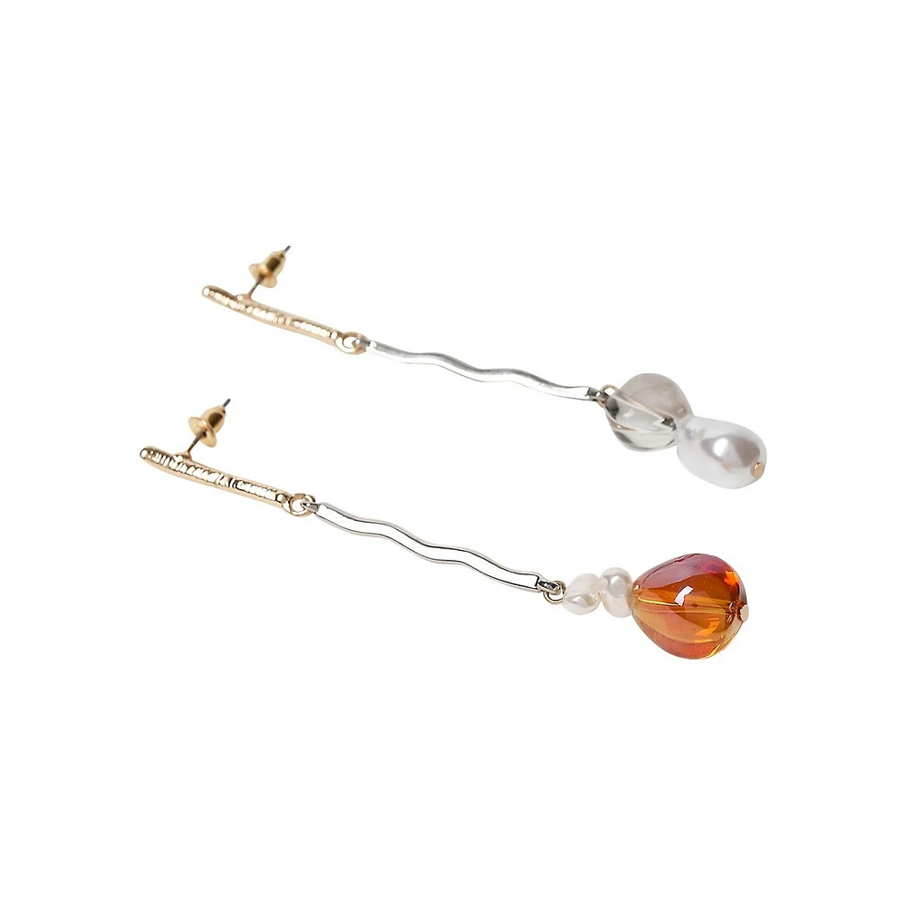 Faux Pearl & Silvertone Linear Drop Earrings