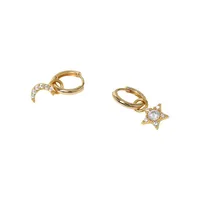Goldtone Silver & Cubic Zirconia Star & Moon Earrings