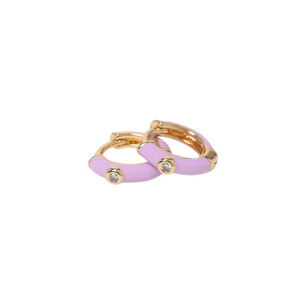 Goldtone & Lilac Enamel Hoop Earrings