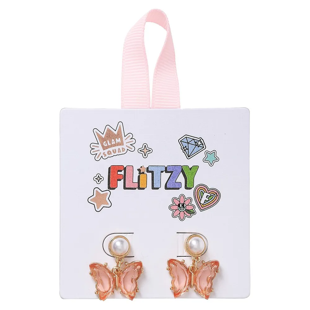 Kid's Goldtone & Faux Pearl Butterfly Drop Earrings