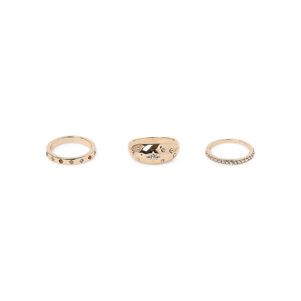 3-Pack Goldtone & Crysta Ring Set