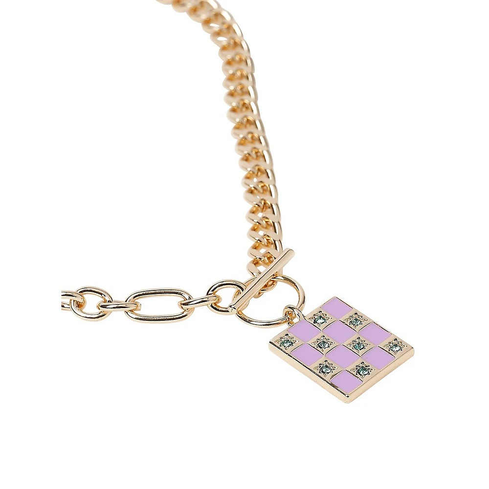 Goldtone Checkerboard Mixed Chain Pendant Necklace