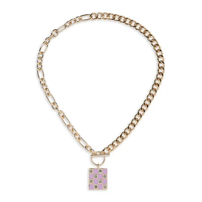 Goldtone Checkerboard Mixed Chain Pendant Necklace