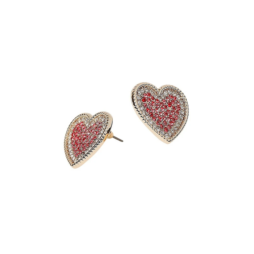 Goldtone & Crystal Heart Stud Earrings