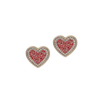 Goldtone & Crystal Heart Stud Earrings
