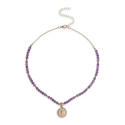 Goldtone, Beads & Crystal Reversible Pendant Calm Affirmation Necklace