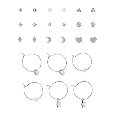 Silvertone Stud & Hoop 12-Pair Earring Set