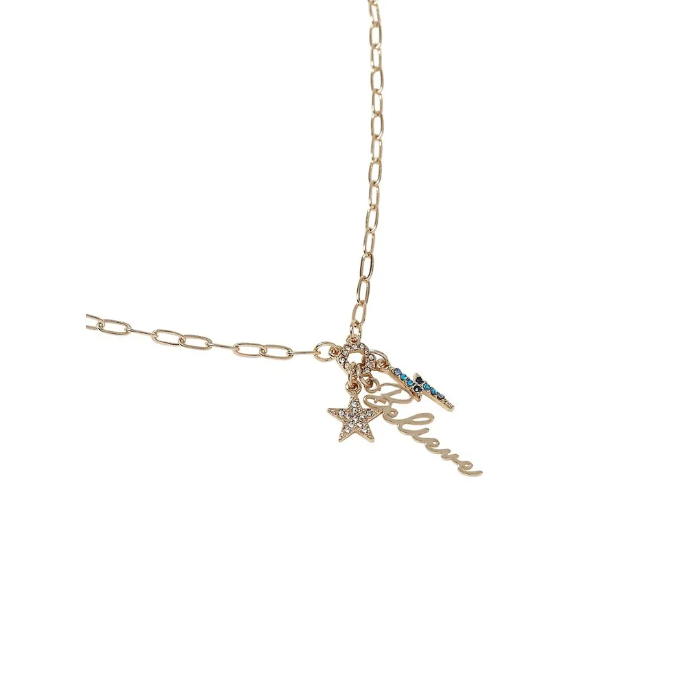 Goldtone & Crystal Believe Charm Necklace