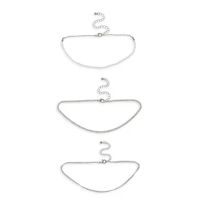 3-Piece Silvertone, Faux Pearl & Crystal Choker Necklace Set