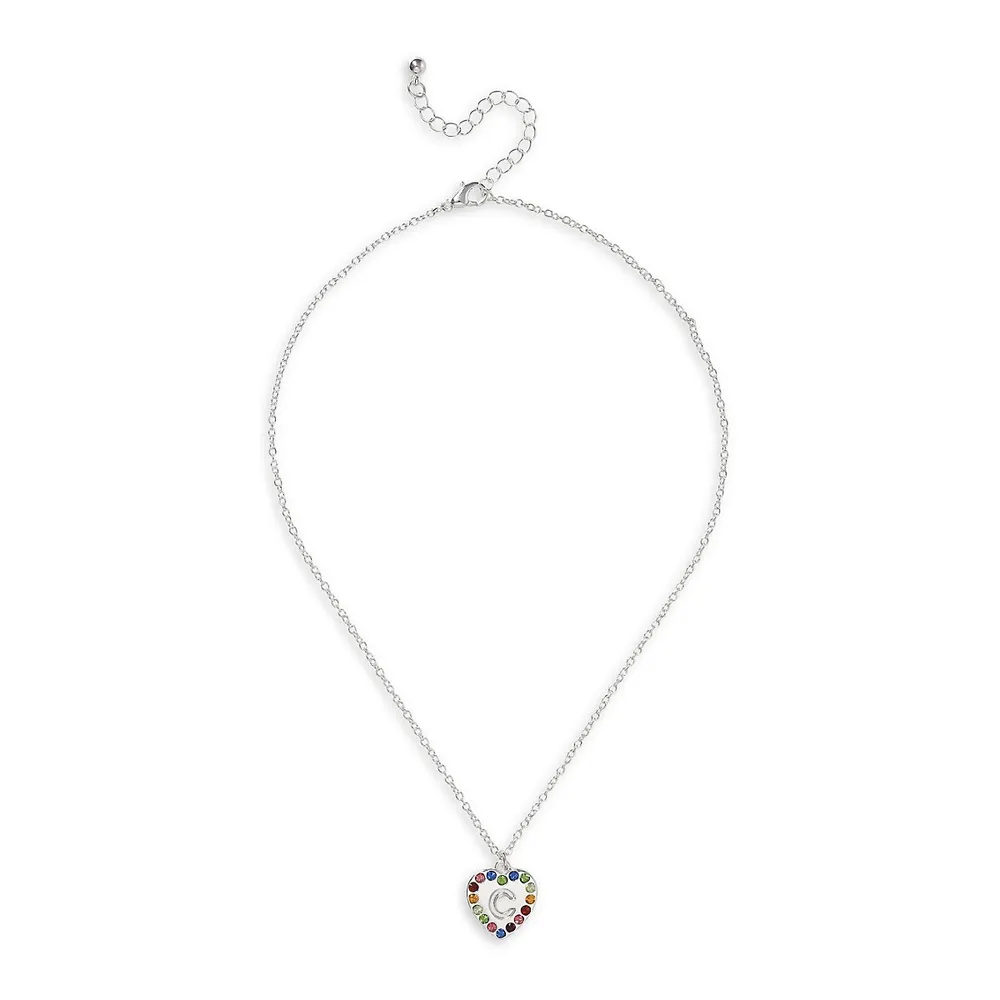 Silvertone & Crystal Heart-Pendent C-Initial Necklace