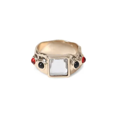 Goldtone Square Crystal Signet Ring