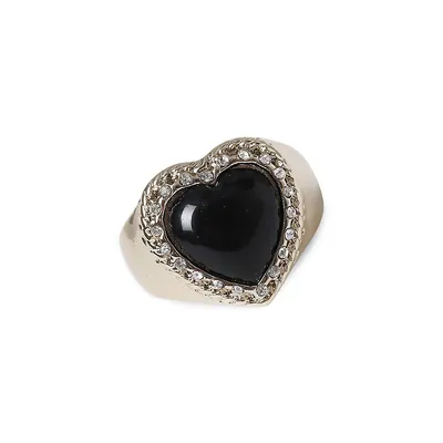 Goldtone & Crystal Heart Signet Ring