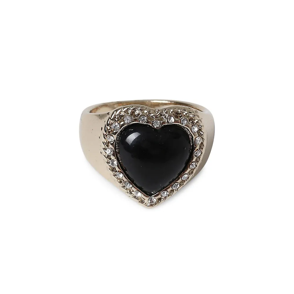 Goldtone Resin Heart & Mini Crystals Signet Ring