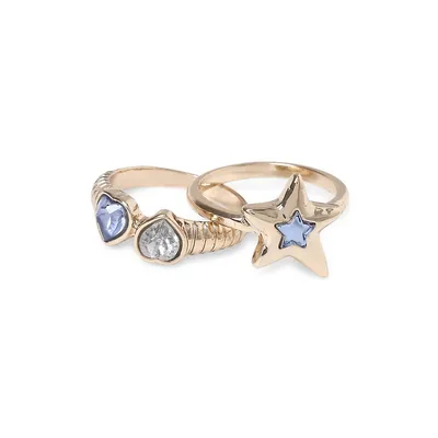 2-Piece Goldtone, Acrylic Crystal Star & Heart Ring Set