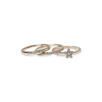 3-Piece Goldtone & Crystal Ring Set