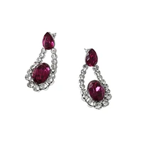 Silvertone, Resin Fuchsia & Glass Crystals Drop Earrings