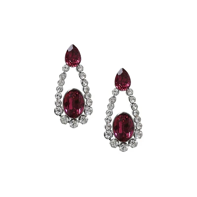 Silvertone, Resin Fuchsia & Glass Crystals Drop Earrings