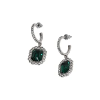 Silvertone Resin Emerald & Mini Glass Crystals Drop Hoop Earrings