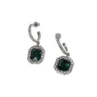 Silvertone Resin Emerald & Mini Glass Crystals Drop Hoop Earrings