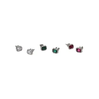 3-Pair Silvertone, Resin Stone & Glass Crystal Oval Stud Earring Set