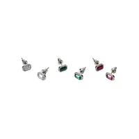 3-Pair Silvertone, Resin Stone & Glass Crystal Oval Stud Earring Set