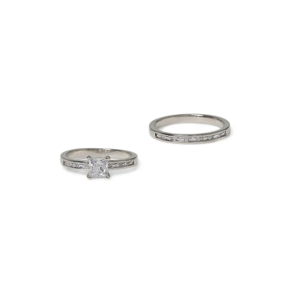 2-Pack Silvertone & Cubic Zirconia Rings