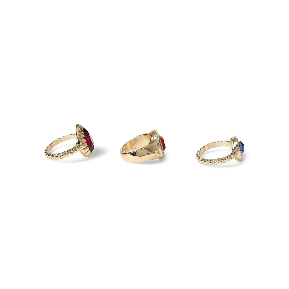 Goldtone, Enamel and Faux Gem 3-Piece Ring Set